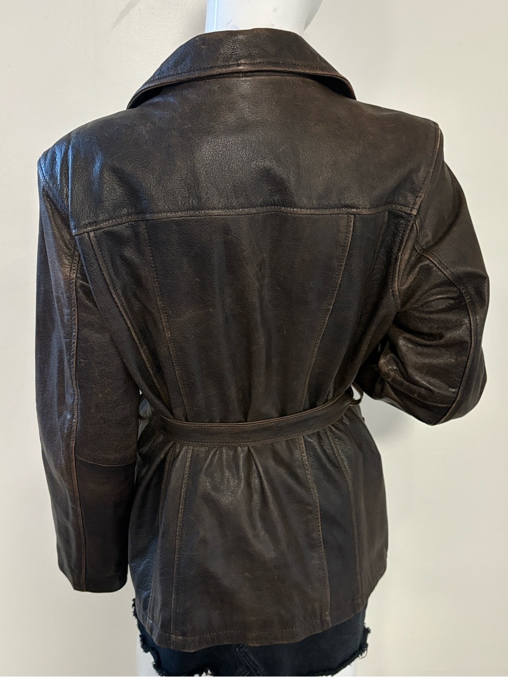 Vintage Wilson’s Leather Dark Brown Distressed Look Leather Belted Jacket - Picture 3 of 8